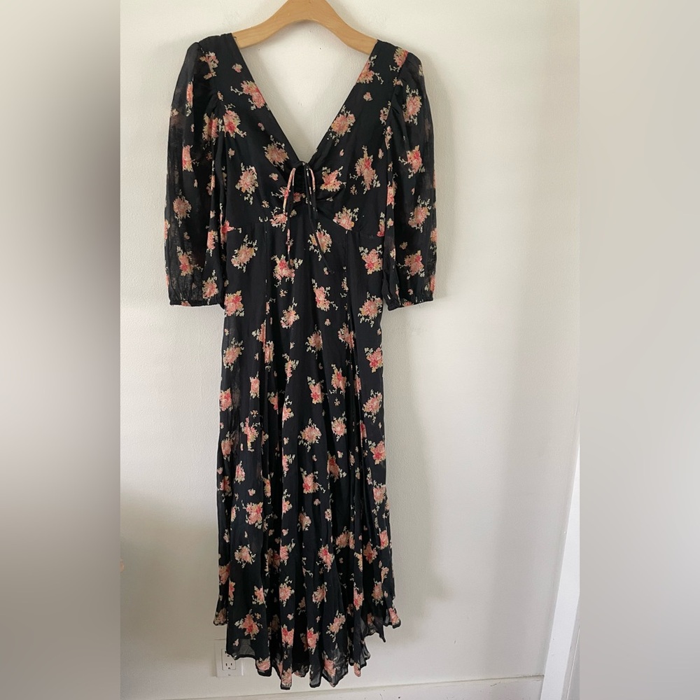 Free People Tiered Floral Maxi Dress Asymmetric Hem Layered Black Cottage Boho - Picture 8 of 12